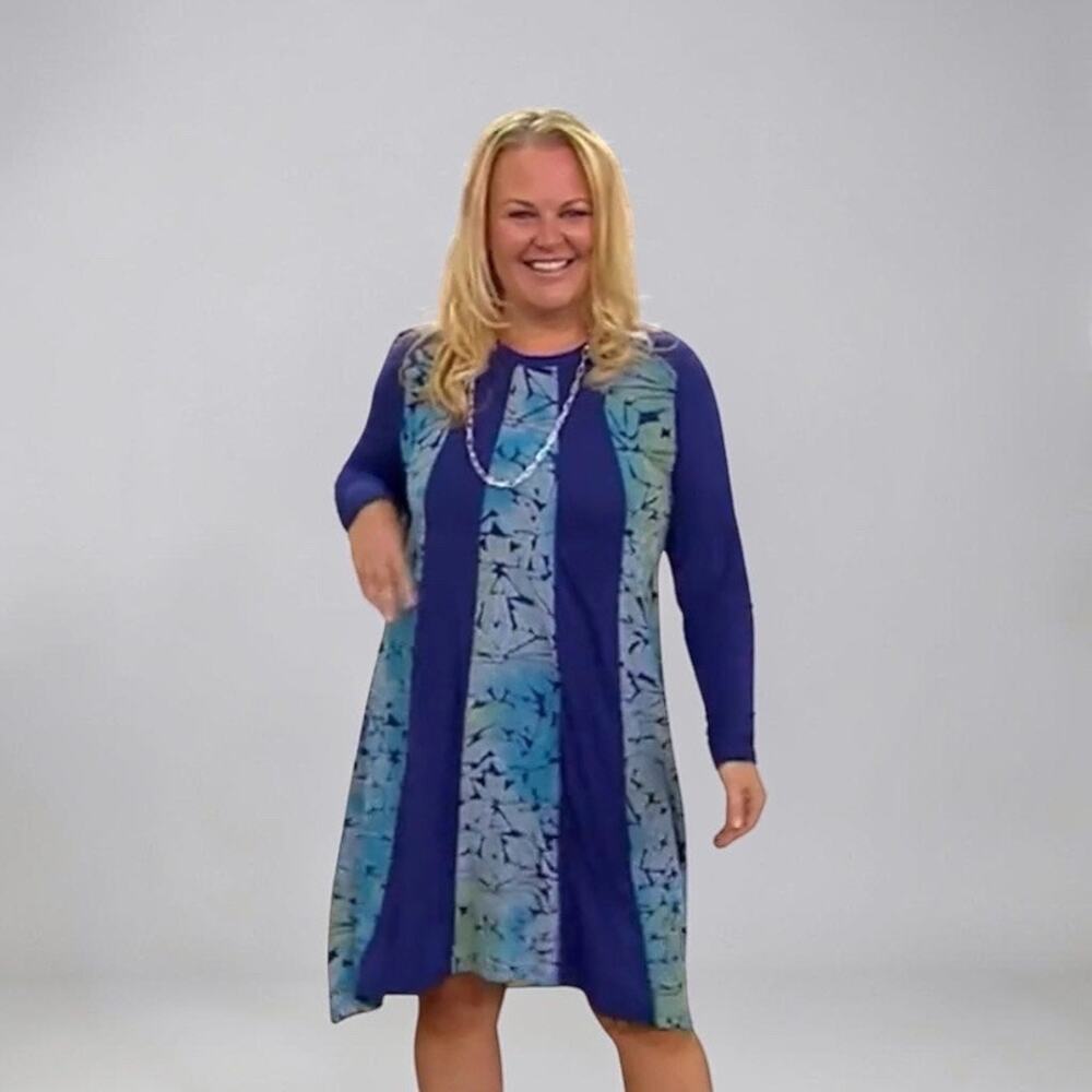LOGO by Lori Goldstein Swing Dress Knit Pieced Jacquard Blue Long Sleeve Sz 1X